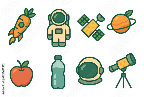 Space and nature icons featuring astronaut, satellite, planet, carrot, apple, telescope, bottle