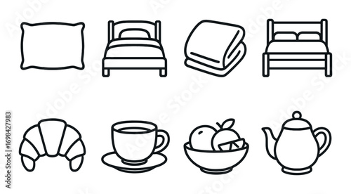 Monochrome icons: bed, pillow, blanket, food, and drink symbols