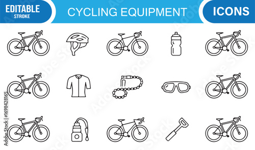 Cycling equipment line icons set with bicycles, helmets, gloves, jerseys, and sports gear
