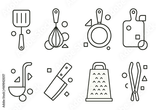 Illustrated kitchen utensils collection with spatula, whisk, pan, and more