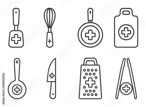 Kitchen utensils with medical cross designs on dark background