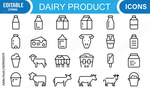 Food and beverage dairy product vector icons with milk carton, yogurt, and protein symbols
