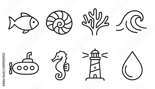 Nautical icons collection: fish, nautilus, coral, wave, submarine, seahorse, lighthouse, water drop