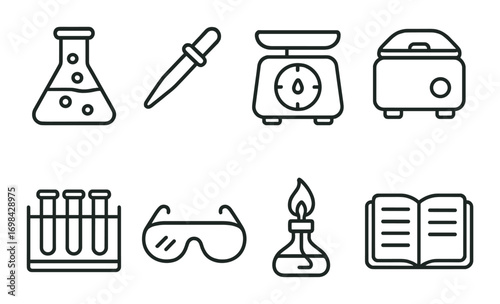 Science lab equipment icons set featuring beaker, pipette, goggles, and more