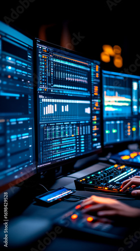 A close-up of a person's hands on a control panel, surrounded by multiple screens displaying data visualizations and graphs in a dark environment.