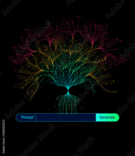 Illustration of abstract stream information with line and dot. Big data, technology, AI, data transfer, data flow, large language model, generative ai	