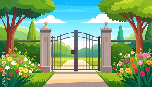 Fototapeta Naklejka Na Ścianę i Meble -  Garden gate opens to vibrant greenery, with lush flowers, trees, and bright blue sky