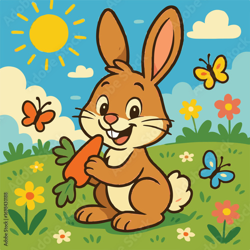 cartoon image of a rabbit eating carrots in the garden