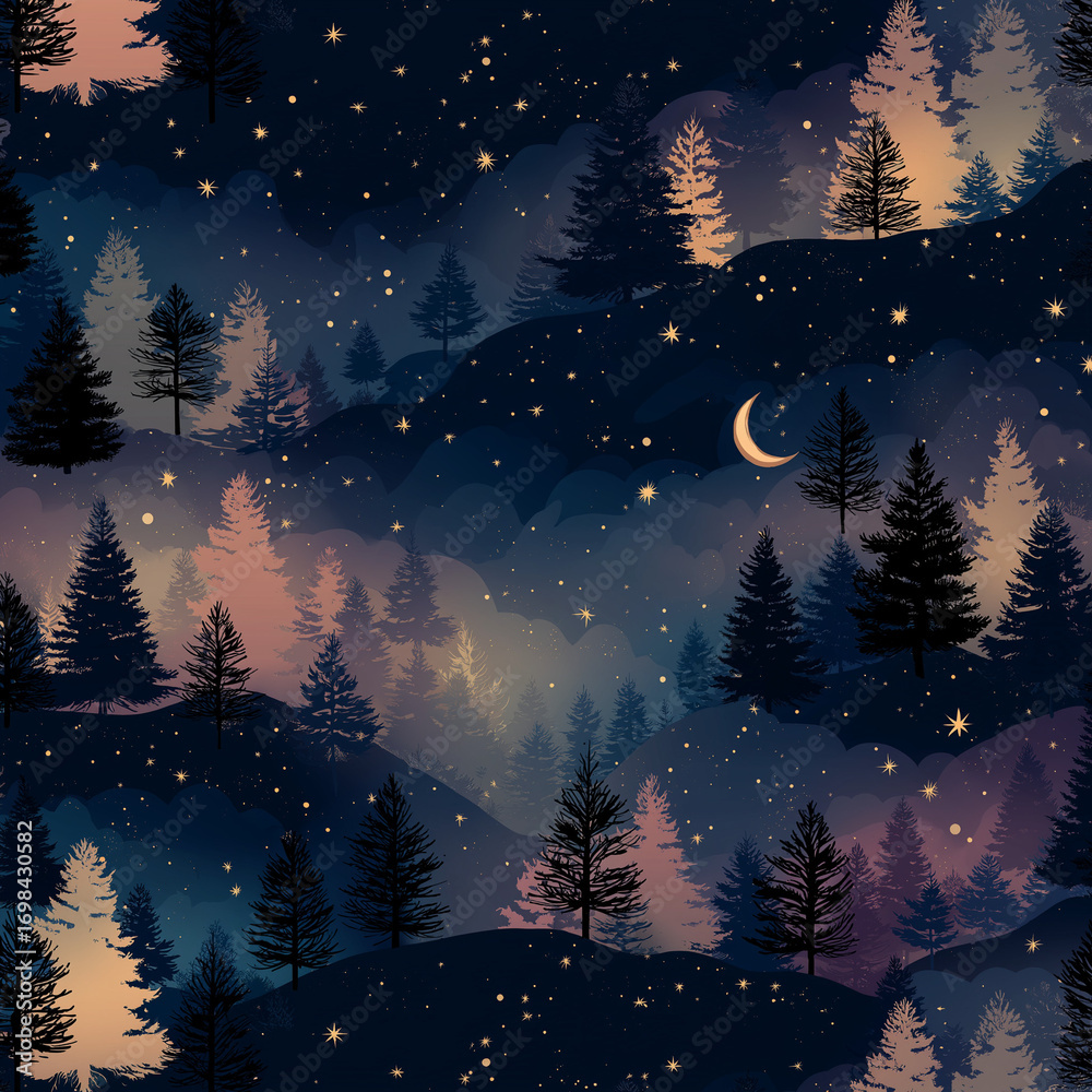 Naklejka premium Night forest landscape illustration with crescent moon shining over pine trees and starry sky
