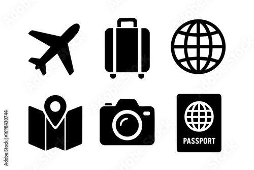 Travel icons: essential travel and tourism silhouettes for adventure and vacation design.
