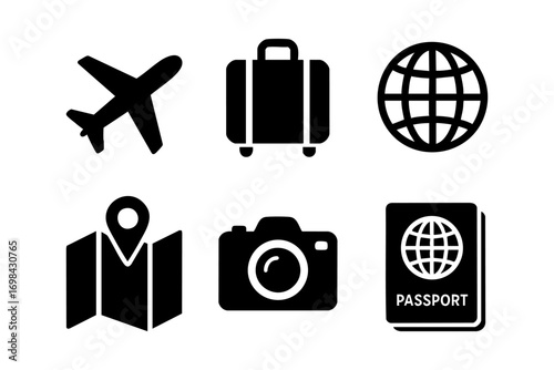 Travel icons: essential travel and tourism silhouettes for adventure and vacation design.