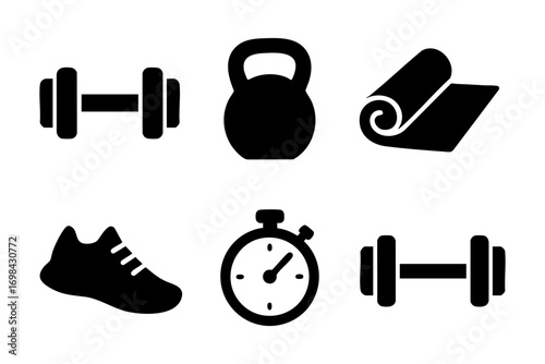 Fitness icons: essential workout and training symbols in bold silhouette style
