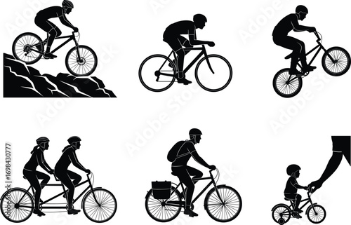 Bicycle silhouette vector set, mountain biking, road cycling, BMX trick, tandem ride, commuter bike, child with parent, diverse cycling activities, black icons