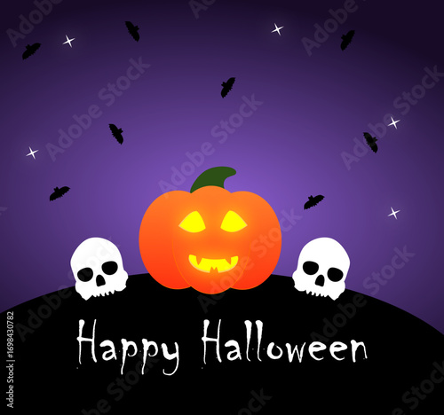 Halloween card with pumpkin and skulls against the background of the night sky
