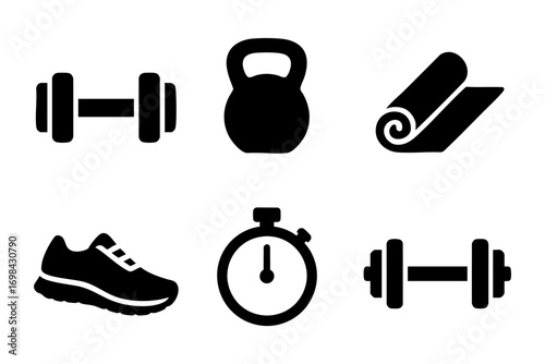 Fitness icons: essential workout and training symbols in bold silhouette style
