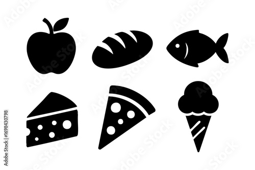 Food icons: diverse meal and snack silhouettes in solid graphic style