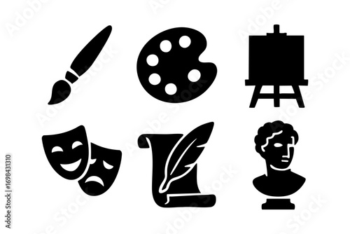 Art doodle icons: paintbrush, palette, easel, theater masks, scroll with quill, and sculpture bust in black and white silhouette design.