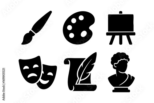 Art doodle icons: paintbrush, palette, easel, theater masks, scroll with quill, and sculpture bust in black and white silhouette design.