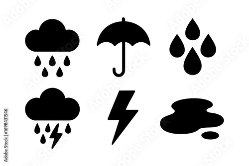 Rainy weather doodle icons: rain clouds, umbrella, drops, thunder, and puddle in minimal black and white design.