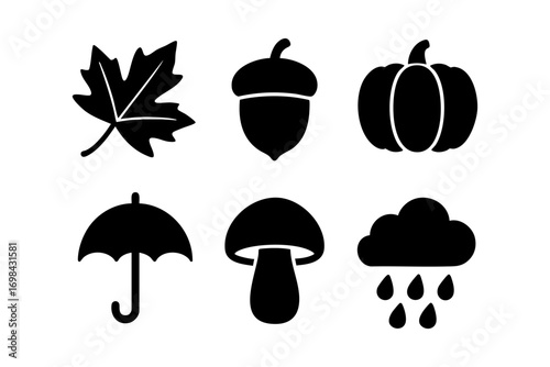 Autumn icons: fall leaves, acorns, pumpkins, mushrooms, umbrellas, and rainy clouds for seasonal and nature illustrations.