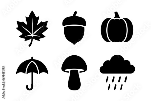 Autumn icons: fall leaves, acorns, pumpkins, mushrooms, umbrellas, and rainy clouds for seasonal and nature illustrations.Web