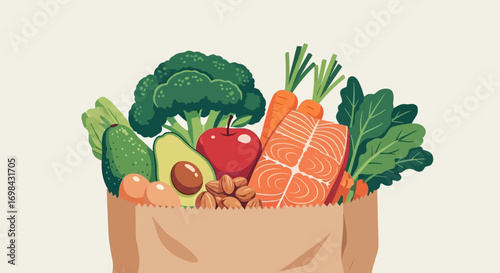 Illustration of a brown paper bag filled with various healthy foods including salmon, broccoli, carrots, apples, avocados, eggs, almonds, and green leafy vegetables.