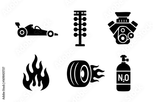 Drag racing icons: dragster, race light tree, engine, fire, flaming tire, and nitro bottle in black silhouette style.
