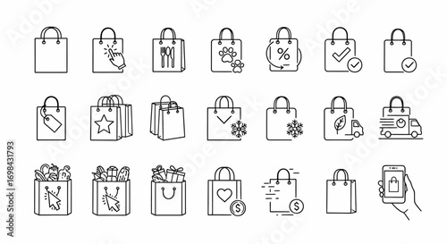 A collection of shopping bag icons with various symbols representing different sales, discounts, and online ordering options in a minimalist line art style.