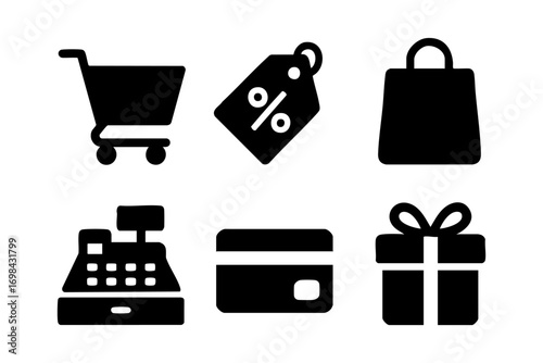Shopping icons: cart, discount tag, bag, cash register, credit card, and gift in bold black silhouette style.
