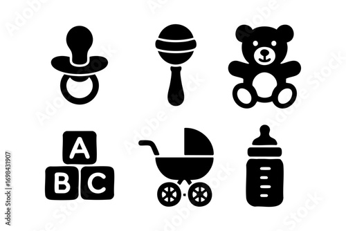 Set of baby icons in black silhouette style: pacifier, rattle, teddy bear, ABC blocks, stroller, and feeding bottle.
