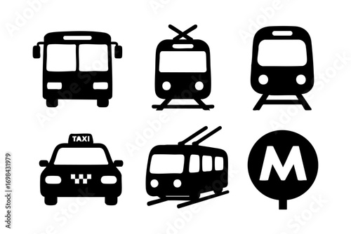 Transport icons in black silhouette style: bus, tram, subway, taxi, trolleybus, and metro sign.