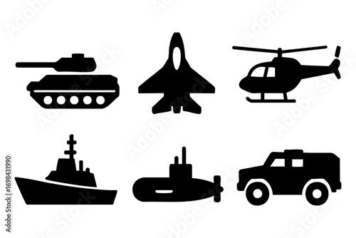 Military icons in black silhouette style: tank, fighter jet, helicopter, warship, submarine, and armored vehicle.