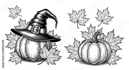 Two pumpkins are depicted, one adorned with a witch's hat, surrounded by maple leaves in a detailed black and white engraving style.