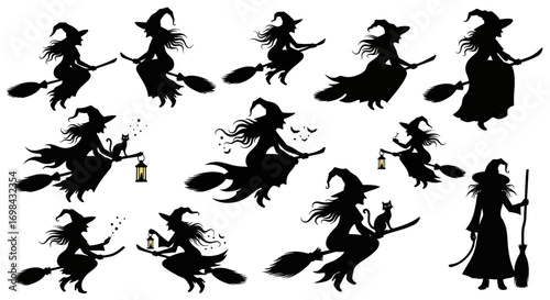 A collection of silhouette illustrations featuring witches on broomsticks, some with cats, lanterns, and bats, against a white background.