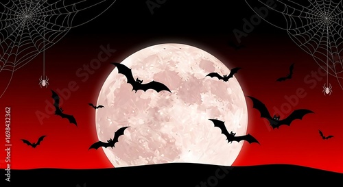 Halloween Night Scene with Bats, Spiderwebs, and a Full Moon