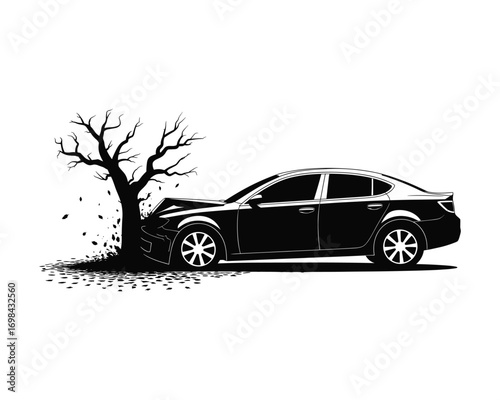 Car crashed into a bare tree with falling leaves accident