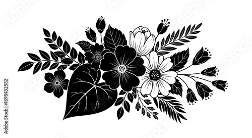 Black and white floral arrangement featuring various flowers, buds, and leaves in a decorative, elegant design.