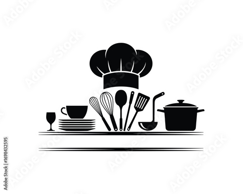 Chef hat with kitchen utensils and dishes vector silhouette