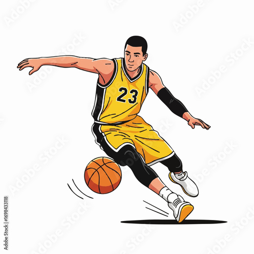 Vector Illustration of Basketball Player in Action in Modern Minimalist Style with Yellow and Black Uniform