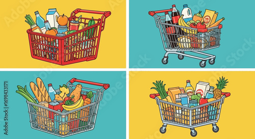 Four shopping carts filled with various groceries and food items, each presented against a different colored background.