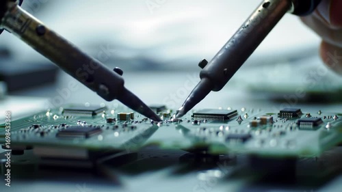 Close-up view of a technician soldering components onto a circuit board.