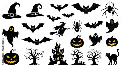 A collection of Halloween themed vector graphics including bats, witch hats, ghosts, spiders, pumpkins, a witch on a broom, a haunted house, trees, and a black cat.