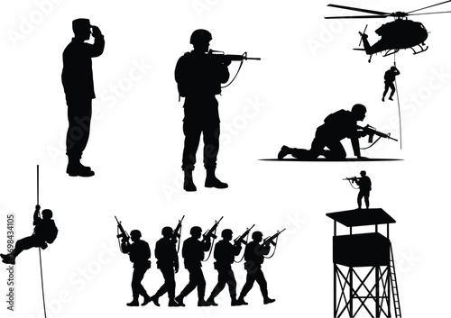 Military silhouette vector, soldier saluting, rifle aiming, helicopter rappel, tactical squad, watchtower guard, army patrol, combat training, defense illustration, black and white