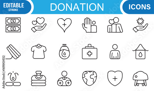 Philanthropy and giving line icon collection featuring volunteer, relief, and compassion illustrations