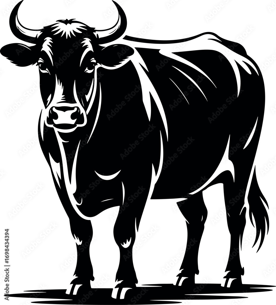 Φωτογραφία Black and White Illustration of a Strong Bull Standing Tall Agricultural Livesto