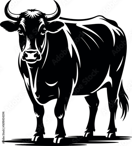 Black and White Illustration of a Strong Bull Standing Tall Agricultural Livestock Design Element Isolated