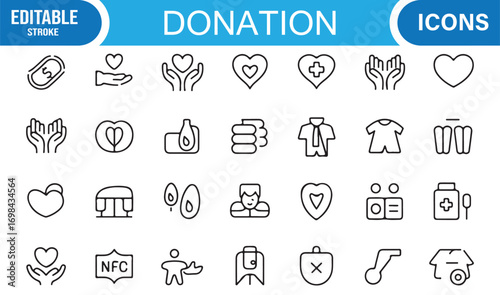 Support and charity outline icons including medicine, hope, heart, and nonprofit contribution graphics