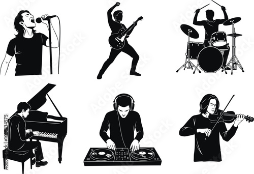 Musician vector illustration, singer, guitarist, drummer, pianist, DJ, violinist, black and white style, music performance, concert vibe, artistic expression