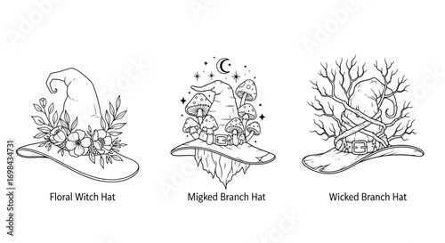 Three witch hats in line art style, each decorated differently: one with flowers, one with mushrooms and moon, and one with branches.