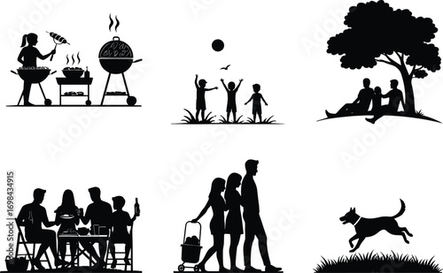 Outdoor activities, family picnic, social gathering, walking with stroller, barbecue party, kids playing, dog running, park relaxation, leisure lifestyle, vector silhouette illustration